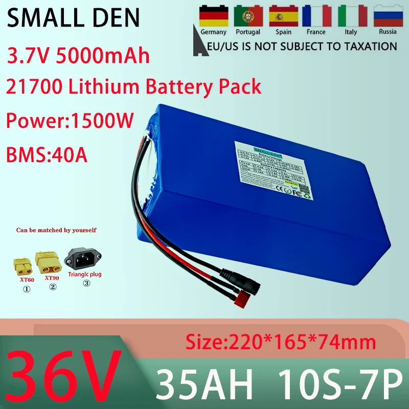 New 36V 35AH 10S7P 21700 lithium battery pack With 30A BMS 100-1000W high-power rechargeable battery+42V 5A charger