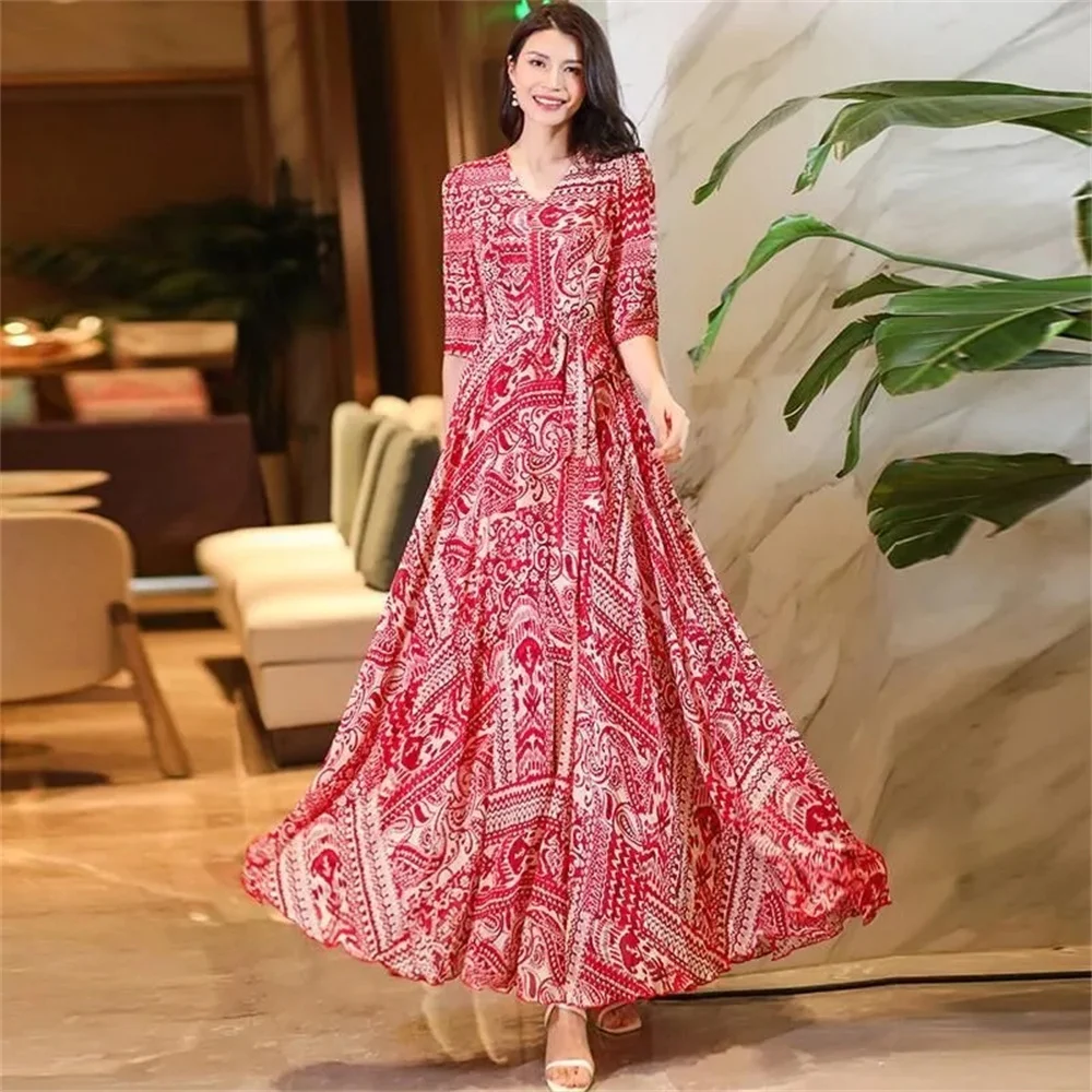 

Fashion Summer Dresses 2024 Spring and Summer Five-point Sleeve Mid-waist Commuter Print Swing Holiday Dress Women's Slim Dress