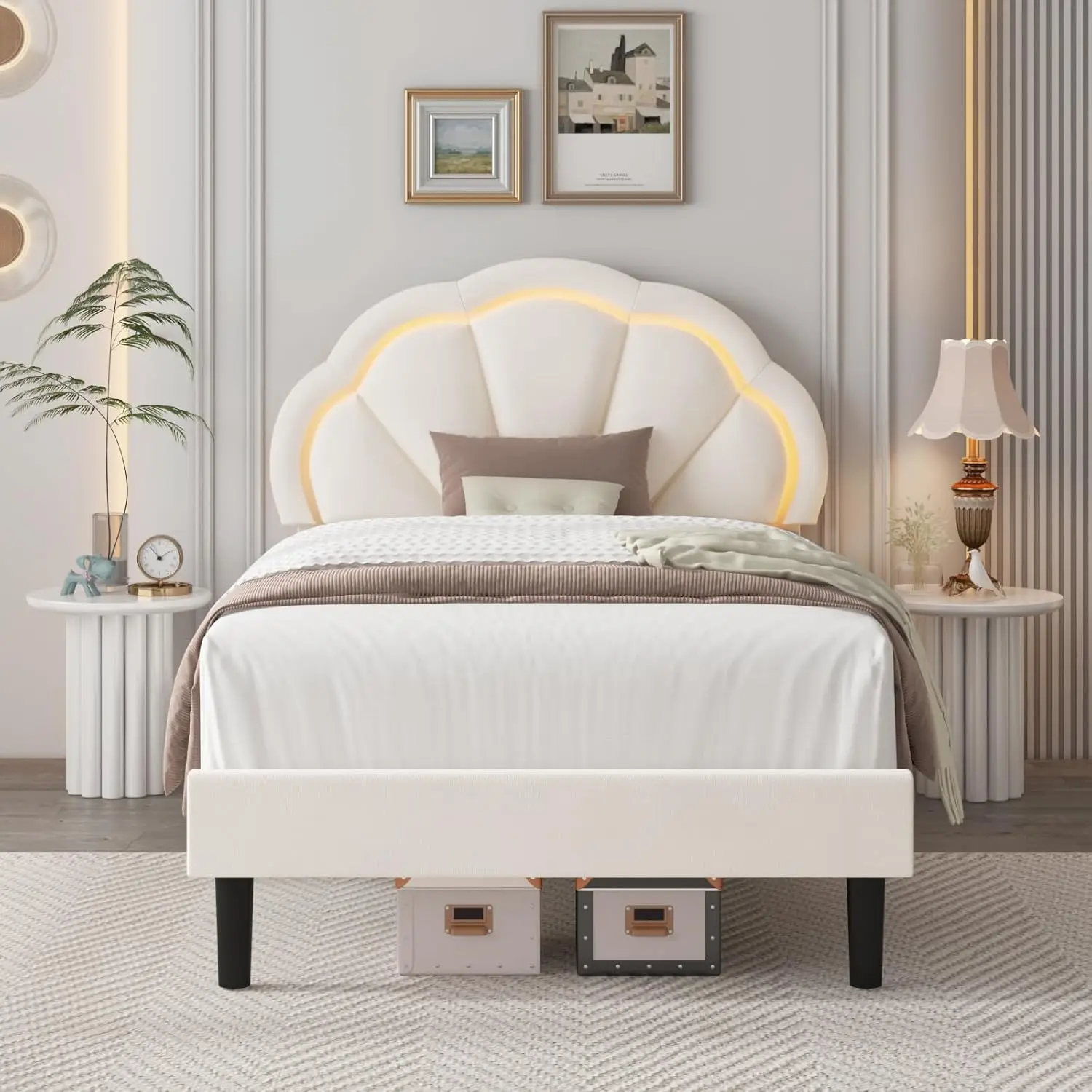 Twin Upholstered Smart LED Bed Frame with Adjustable Chic Petal Headboard, Princess Twin Size Platform Bed Frames for Kids