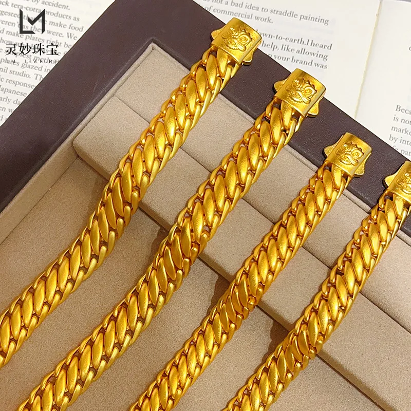 Luxury 24K 9999 Pure Gold real gold Men's Ancient Lion Dash Three Horse Whip Bracelet Wide Face Frosted Boss Cuban Chain