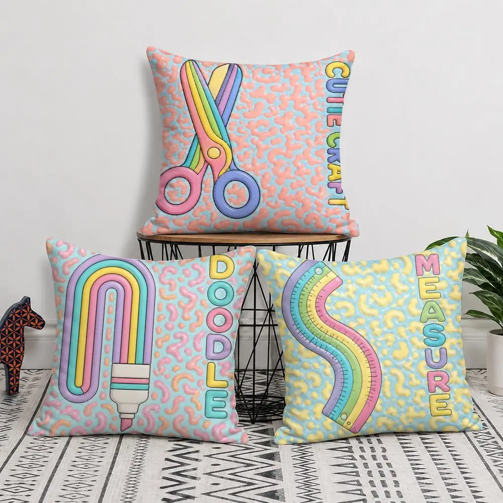 Kawaii School Collection Cushion Cover Short Plush Soft Double-Sided Printing Pillow Case Cozy Sofa Bedroom Home Decor Gift