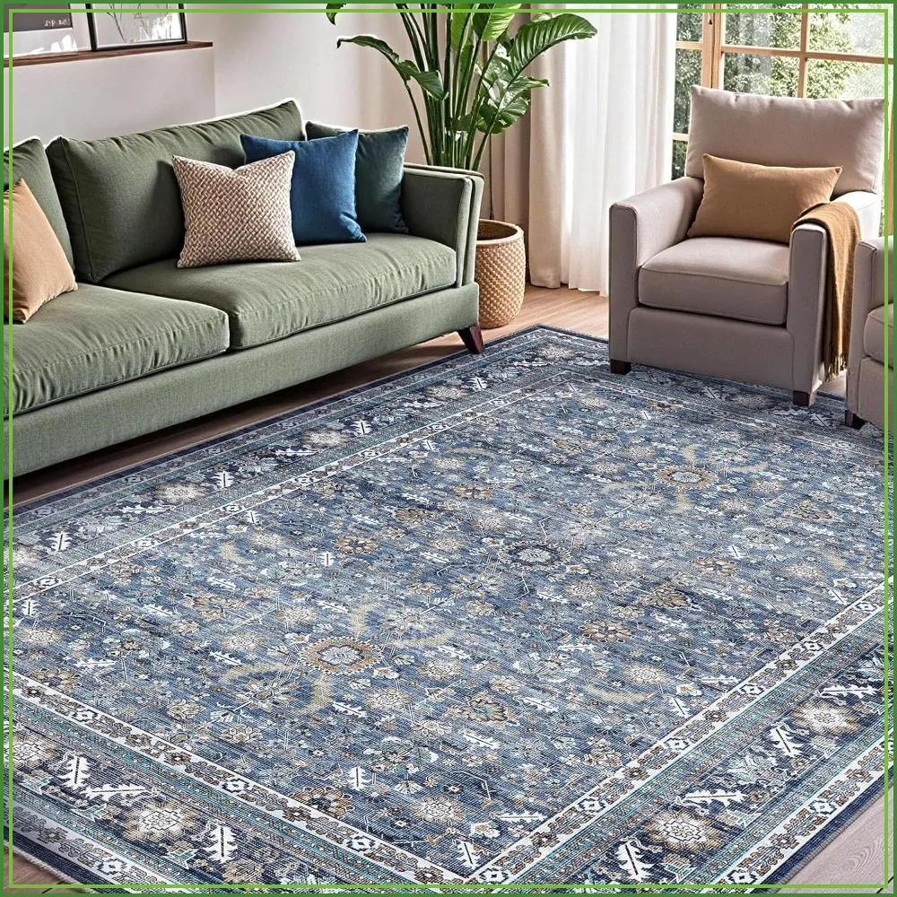 

Vintage Blue Area Rugs 8x10, Retro Washable Non Slip Rug, Low-Pile Faux Wool Carpet, Distressed Navy Floor Mat for Living Room, Bedroom, Office, Dorm, Dining Room