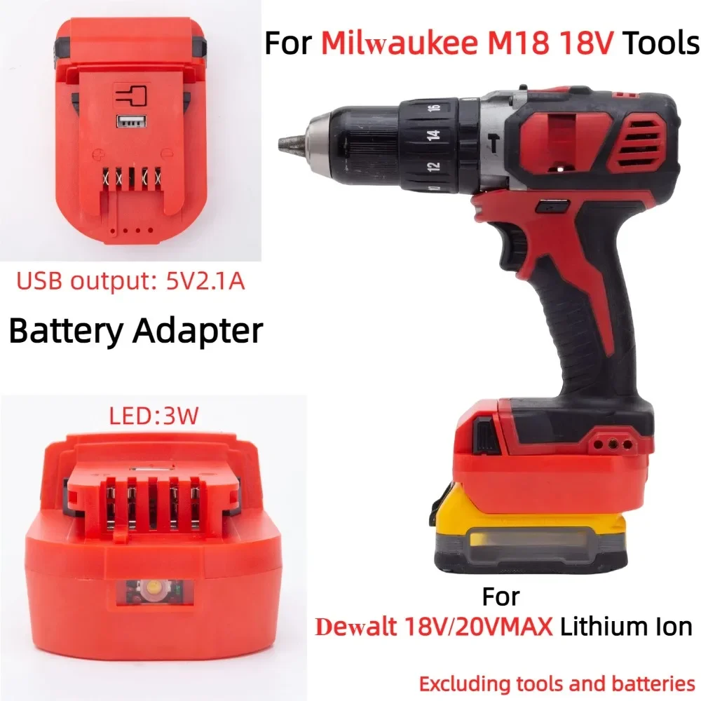 

Battery Adapter/Converter for Dewalt 18V/20V MAX XR Li-ion DCB Series Battery TO Milwaukee 18V Cordless Tools with USB LED Light