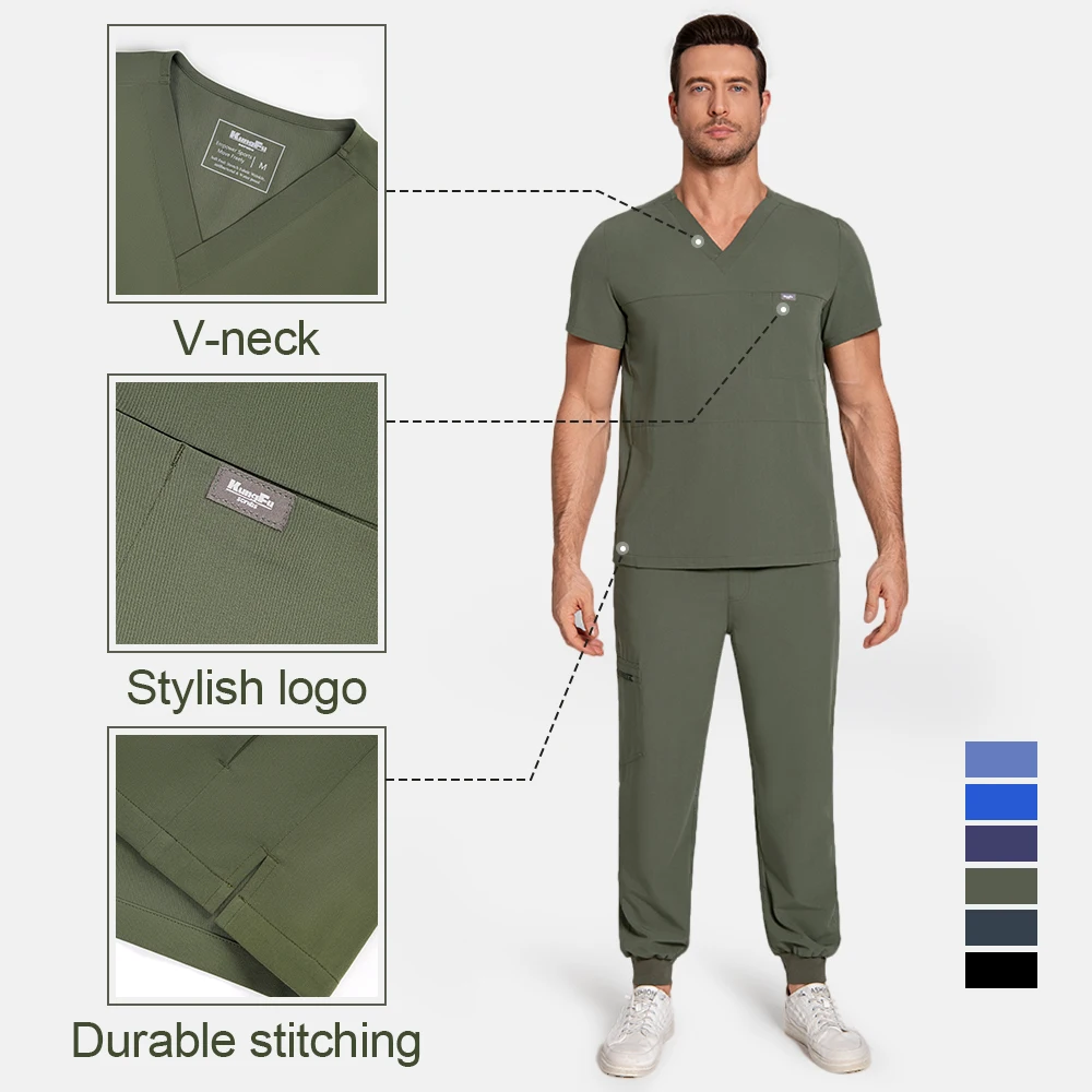 KUNGFU SCRUBS Medcial Uniforms Man Scrubs T-shirt with Ribbed-cuff Jogging Pants Premium Antibacterial Breathable Doctor Clothes
