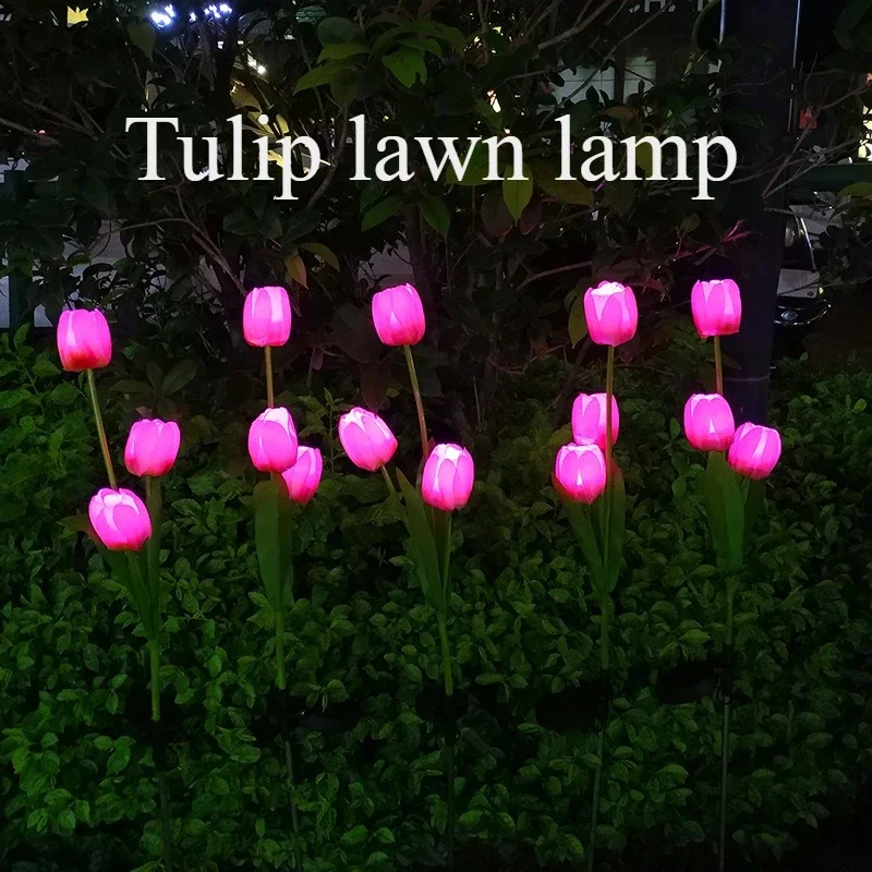 3 Heads Solar Lights Outdoor Decorative Solar Garden Lights tulips Flower Lawn Lamp for Yard Patio Garden Decor