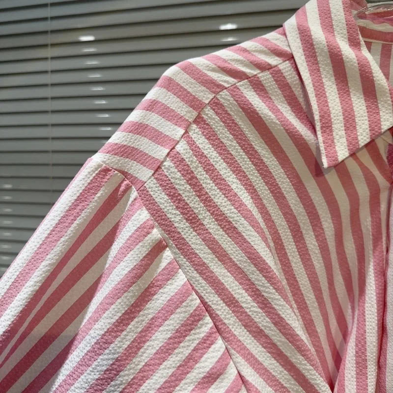 여성 빈티지 스트라이프 레이스 업 비대칭 디자인 셔츠 옷깃 긴 소매 세련된 블라우스 봄 한국 패션 캐주얼 슬림 피트상의