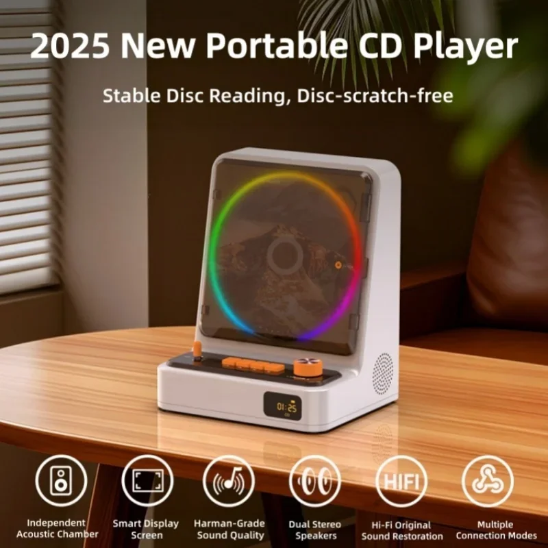 CD Player Home Music CD Player with Built-in Speakers LCD Screen Ambient Light Stereo Speakers Bluetooth Audio Integrated Unit