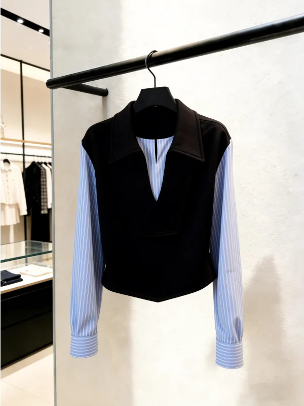 

Slim Fit Striped Knit irt Fake Two-Piece Trendy Top ort Sle Commute mat Spring Faion Women's Premium Knitted Vest