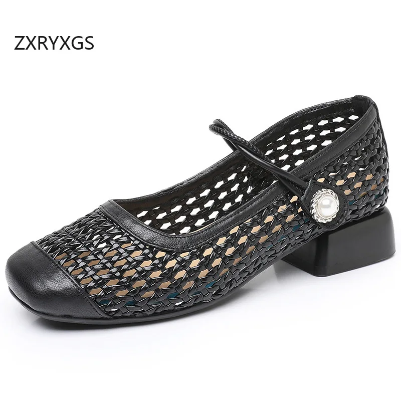 ZXRYXGS Top Cowhide + Knitted Hollow Trendy Sandals Square Toe Low Heels Breathable Plus Size Women's Sandals Banquet Shoes 2026
