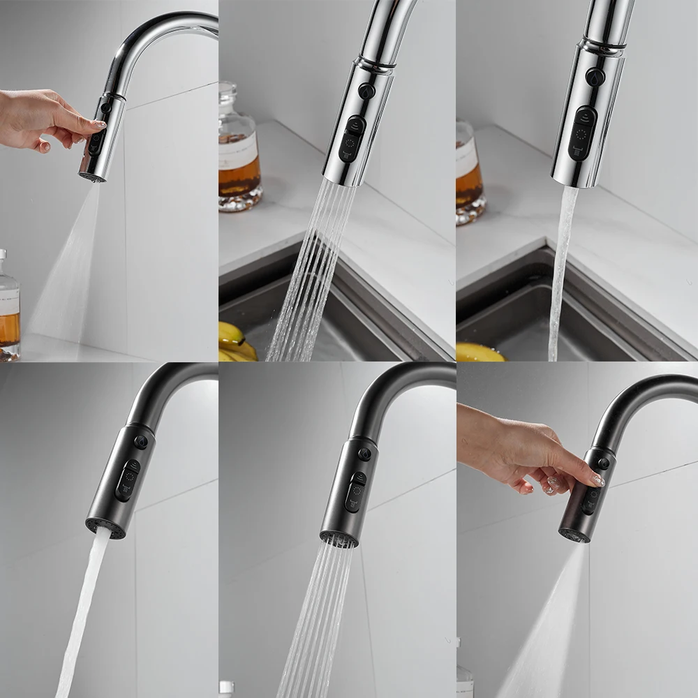 TOLM Gray Kitchen Faucet Pull Out Kitchen Sink Water Tap Single Handle Mixer Tap 360 Rotation chrome Kitchen Shower Faucet