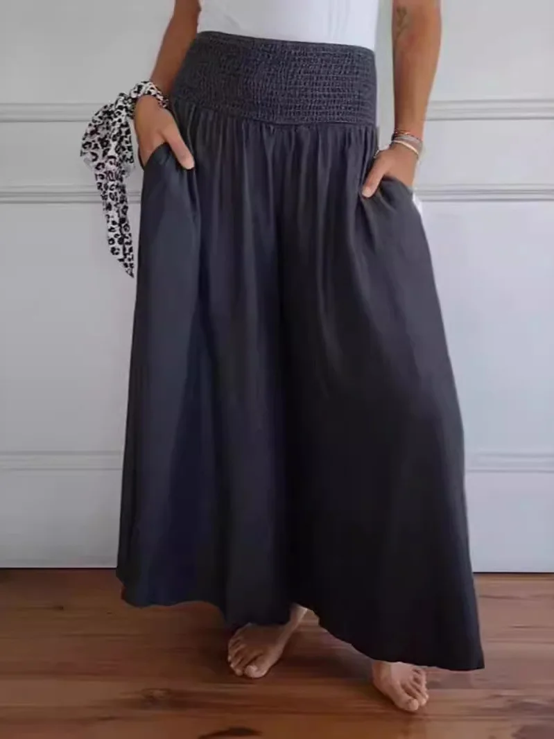 Faionable Pantalon décontracté à jambes larges Taille haute Polyester Jupe pour femme Taille haute PE Fibre de polyester Aucun marque enregistrée Trad...