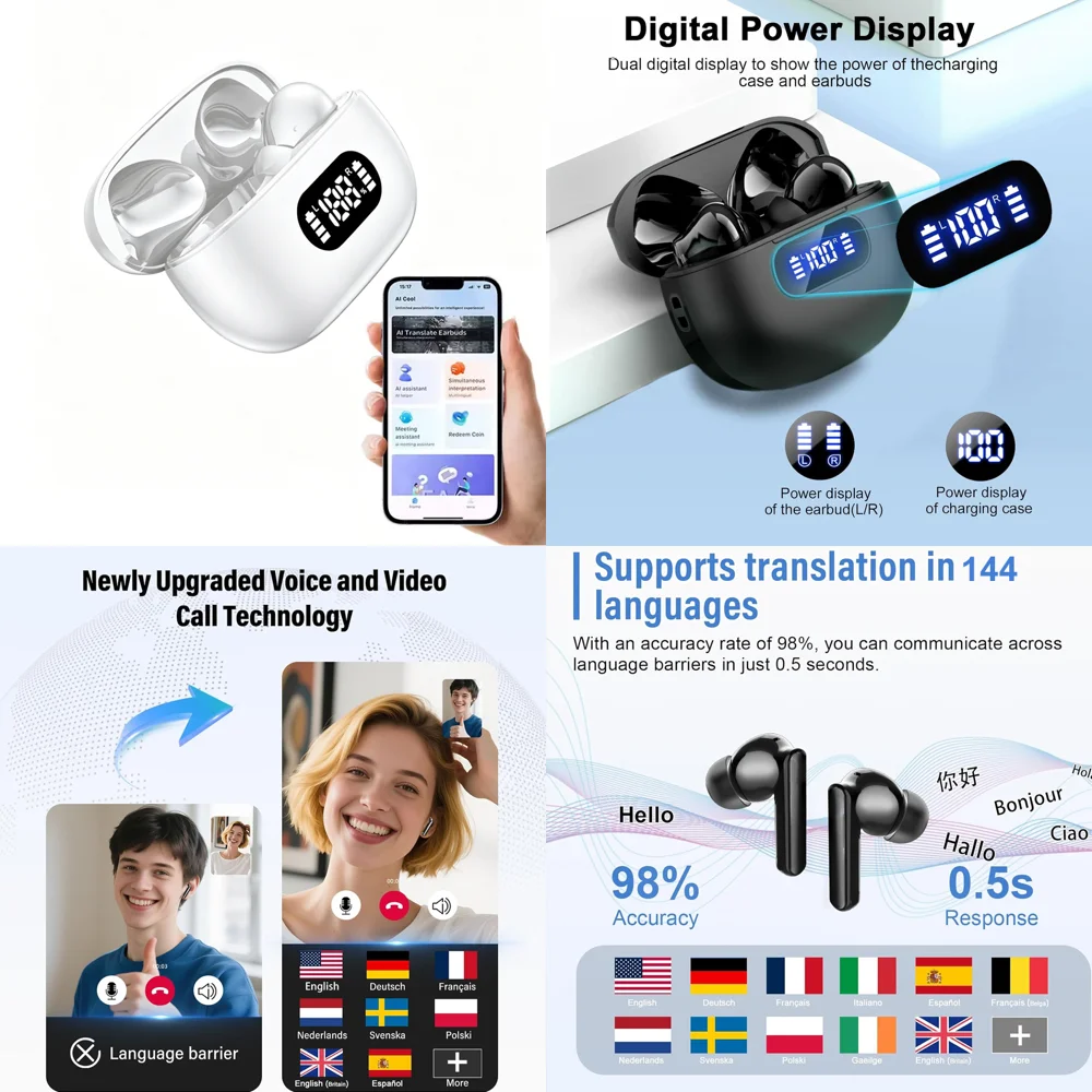 

BT 5.4 Wireless Ear Phone with AI Translation Clear Calls Earbuds with LED Display Real Time Headphone for Business New Trendin