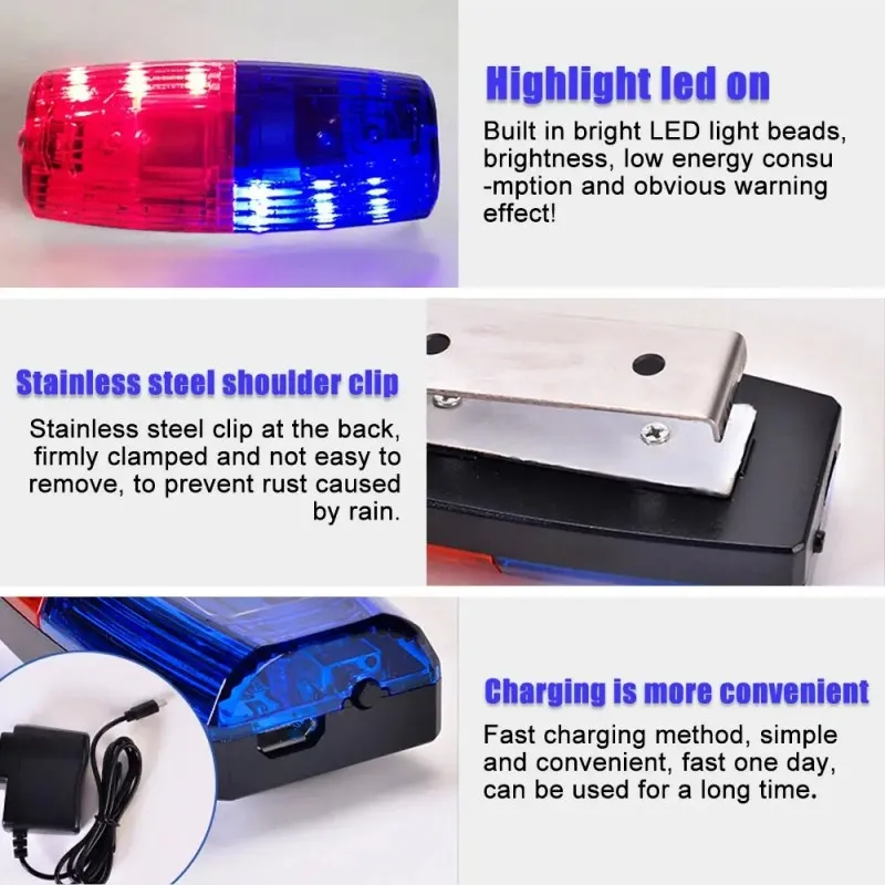 LED Red Blue Caution Emergency Police Light Flashing Shoulder Lamp USB Rechargeable Shoulder Warning Safety Torch Bike Tail Lamp