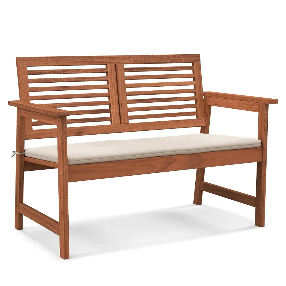 Outdoor Bench with Cushion, 2-Person Patio Bench with Slatted Back & Seat, Removable Cushion, Conversation Loveseat