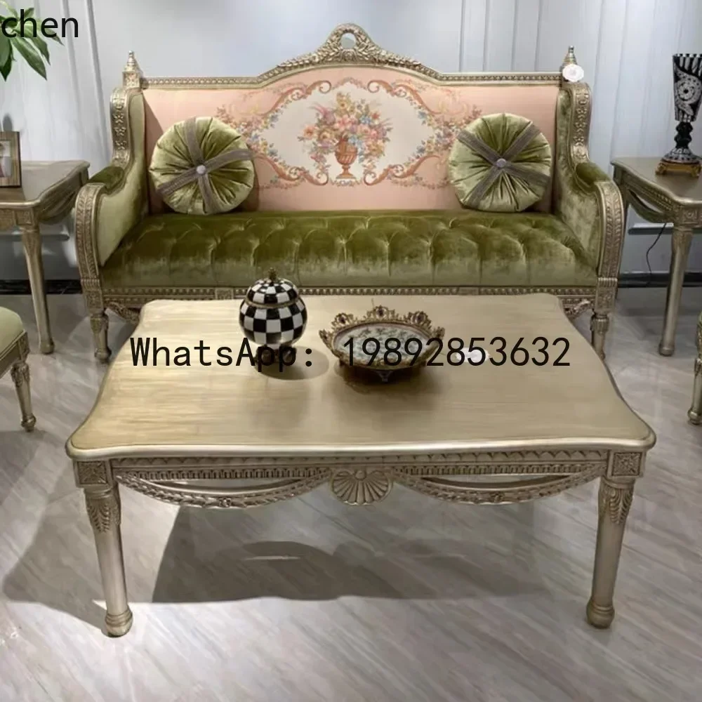 v1 French Style Solid Wood Living Room Sofa Set Palace Style Villa TV Cabinet Coffee Table Pink Green Printed Fabric Sofa