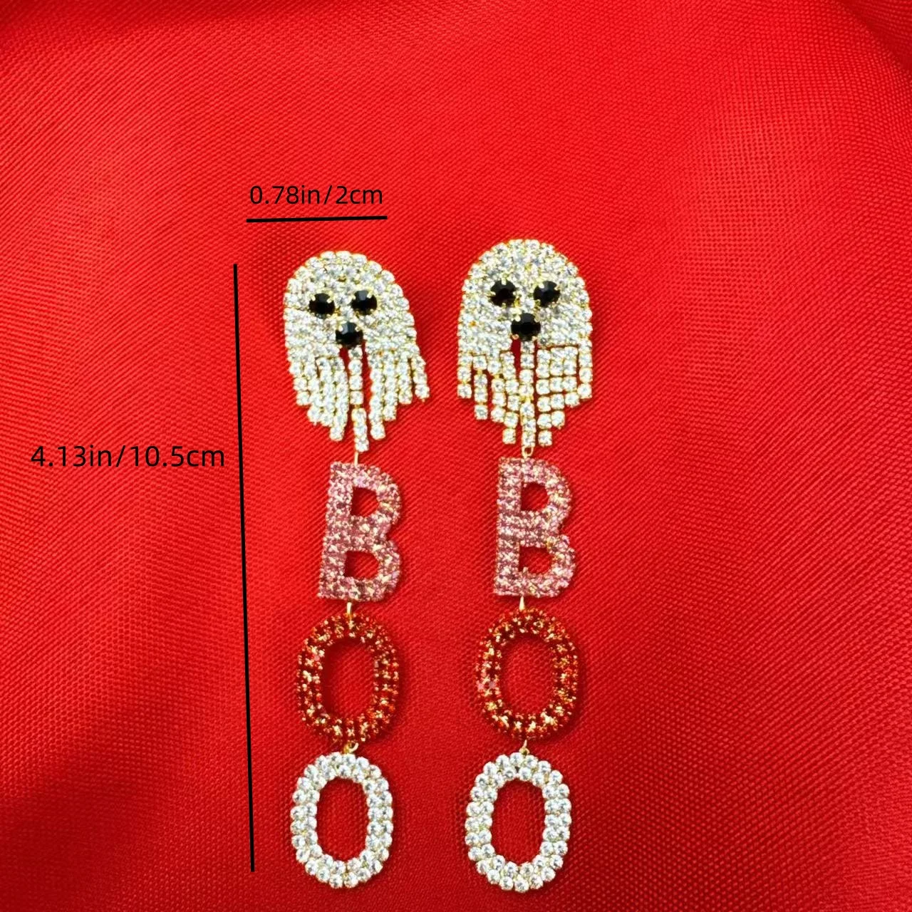 Novelly Crystal Colorful Big BOO Letter Drop Earrings for Women Halloween Gift Rhinestone Long Ghost Tassel Dangle Earrings