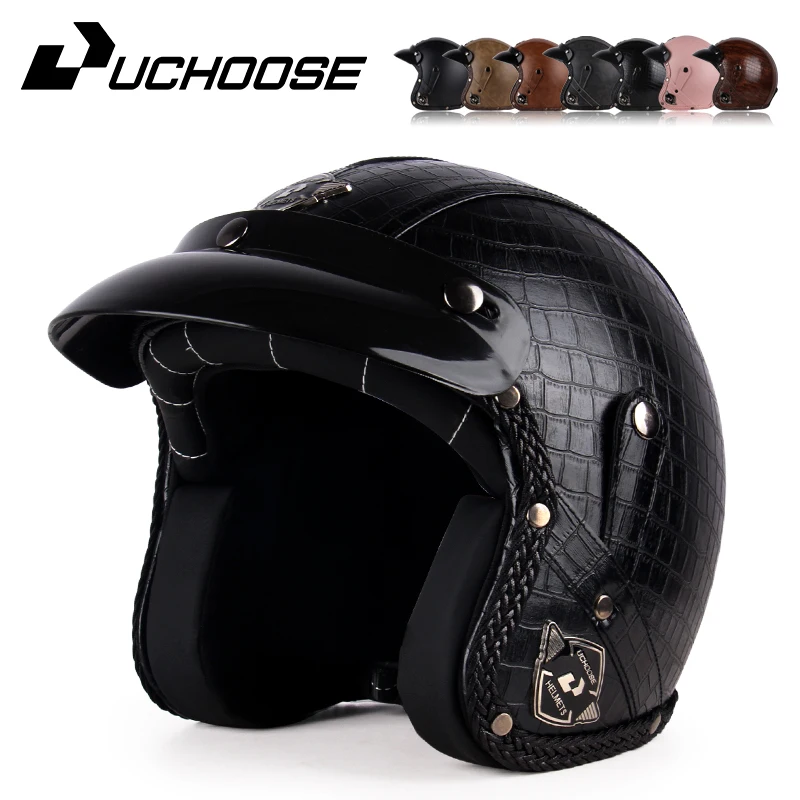 UCHOOSE Open Face Retro Helmet ,Motorcycle Helmet,Vintage, Retro, PU Leather, for Motocross, Scooter, Jet, with Glasses