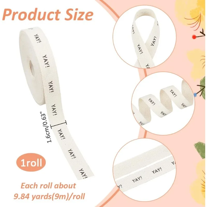 1Roll Cotton Herringbone Tape Ribbon 5/8 Inch×9.84 Yards Yay Ribbon Word Print Ribbon for Gift Wrapping Bowknot Making Birthday