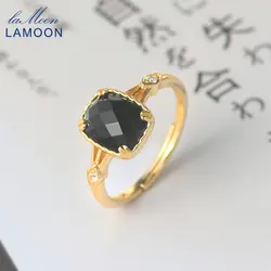 LAMOON 925 Sterling Silver Ring For Women Natural Black Agale Flat Lattice Surface 14K Gold Plated Fine Jewlerly LMRI109
