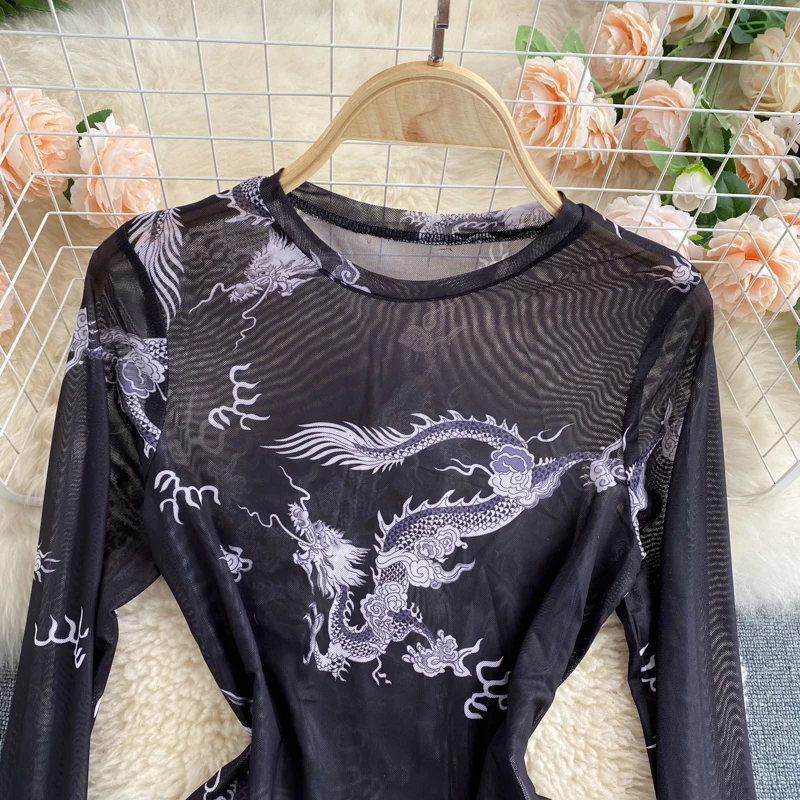 Hotsweet O-neck Elegant Long Sleeves Vintage Print Chic See Through Mesh Bodysuits T-shirt Top Sexy High Street Autumn Jumpsuit