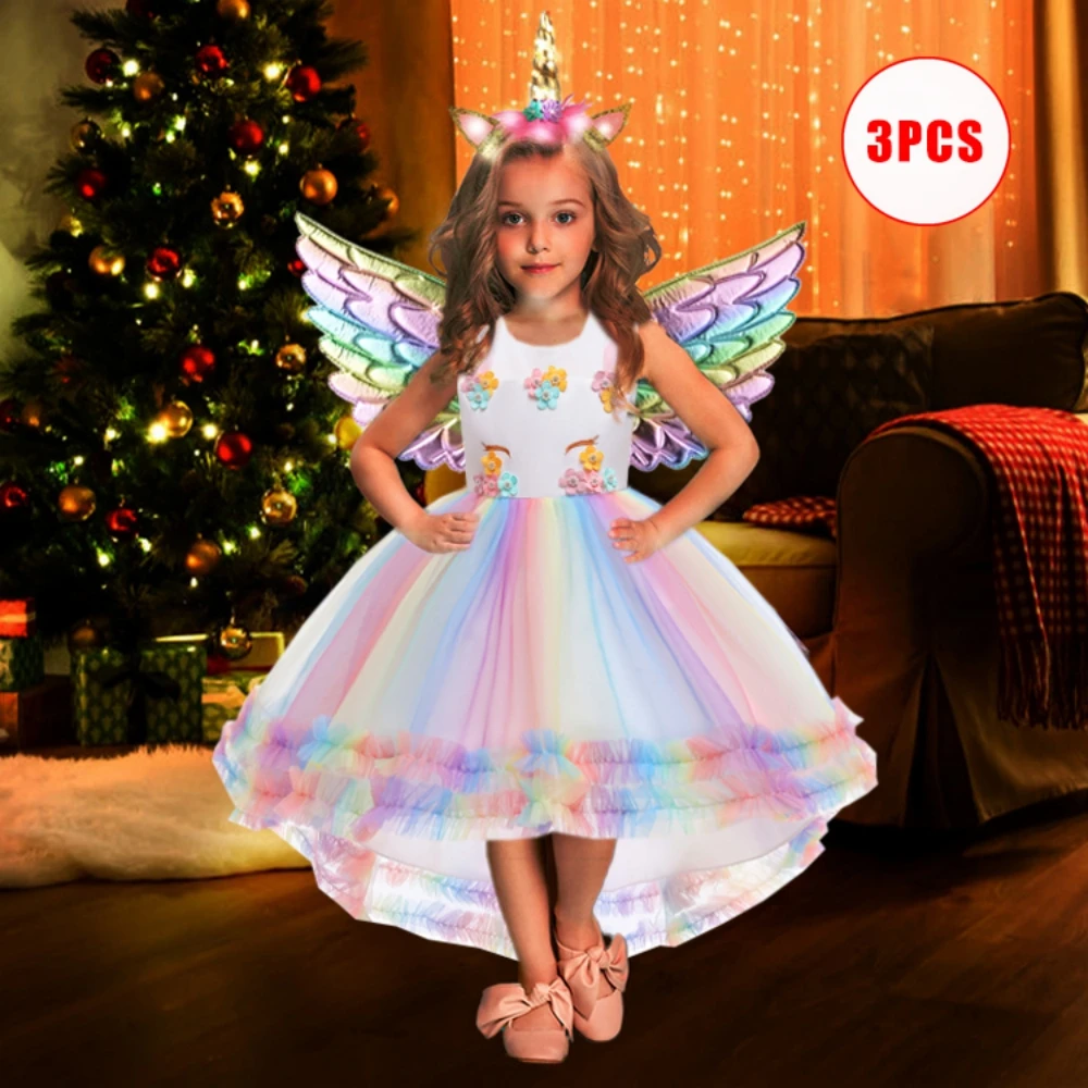 Rainbow Unicorn Party Dress For Girls Clothes Vestido Colorful Unicorns Lace Birthday Wedding Princess Dresses Prom Girl Costume