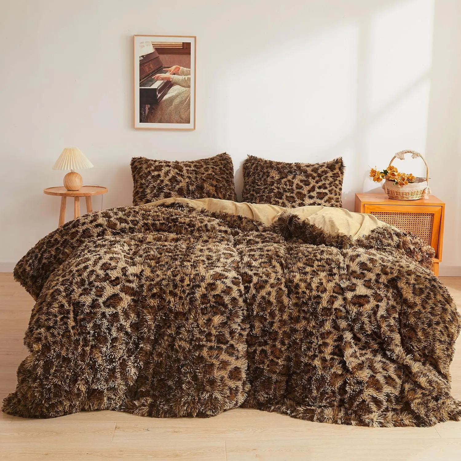 

Cheetah Print Fluffy Faux Fur Duvet Cover Set, 3 Pieces Soft Plush Bedding with Zipper Closure (King, Brown)