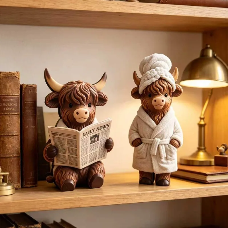 2 Piece Set Highland Cow Desktop Decorations Cute Cow Reading Newspaper Wearing Bathrobe For Home Bedroom Bookshelf Ornaments