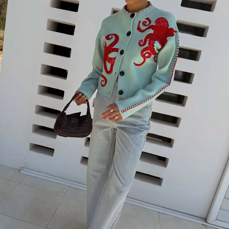 

Autumn Winter Casual Hight Street Knitted Coat Women Fashion Octopus Print Soft Sweaters Elegant O-neck Long Sleeve Jackets Top