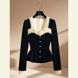 Sexy French Style Niche Black Square Collar Lace Patchwork Long Sleeved Drawstring Velvet Shirt for Women