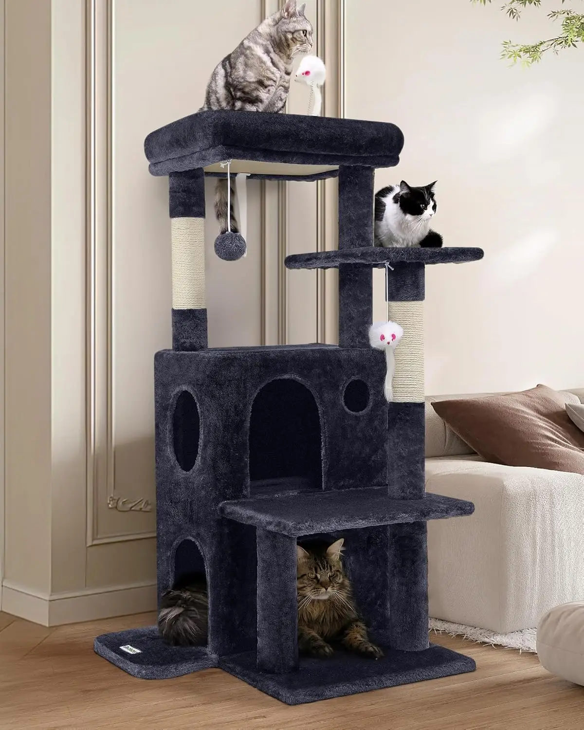 

50-Inch Cat Tree Tower for Large Indoor Cats with Steps, Scratching Post, 2 Caves, Toys in Dark Grey