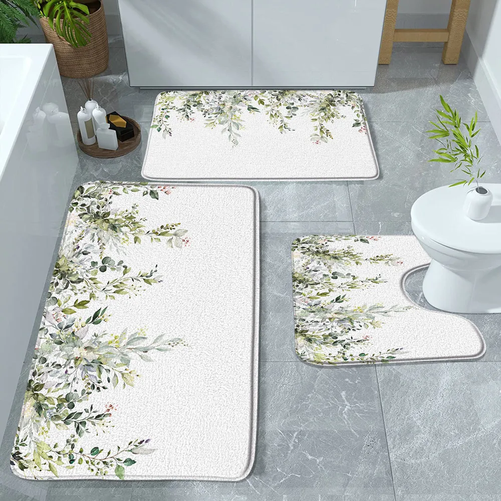 Spring Eucalyptus Leaves Bath Mat Watercolor Vine Plant Green Sage Leaf Botanical Bathroom Rugs Bathtub Flannel Carpet 3pcs/Set