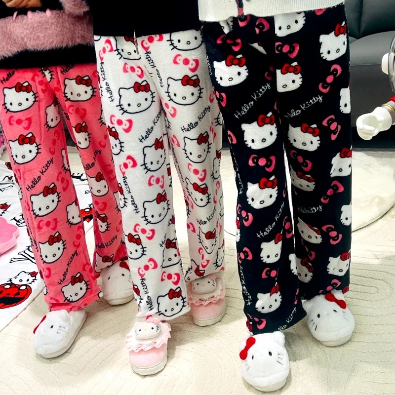 Sanrio Hello Kitty Pajamas Pants Black Pink Anime Flannel Women Warm Woolen White Cartoon Casual Home Autumn Winter Fashion Pant