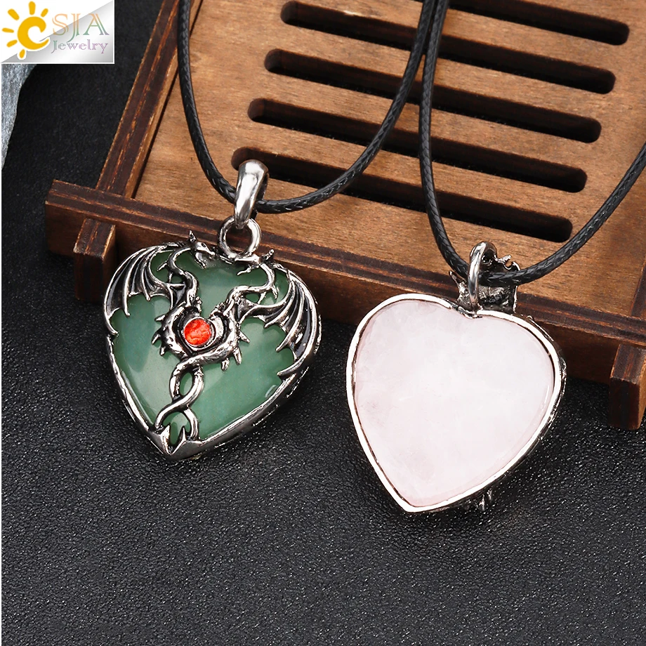 CSJA Double Dragon Necklace Natural Stone Heart Crystal Pendant Amulet Neckalces for Man Women Halloween Jewelry Gift H238