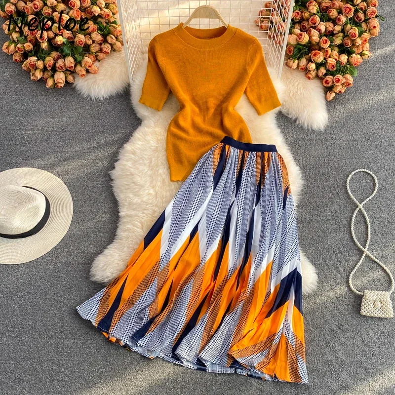 Neploe Summer Fashion Knitted Two Piece Dress Sets Stand Collar Short Sleeve Slim Tops + A Line Print Pleated Skirts Women Suits