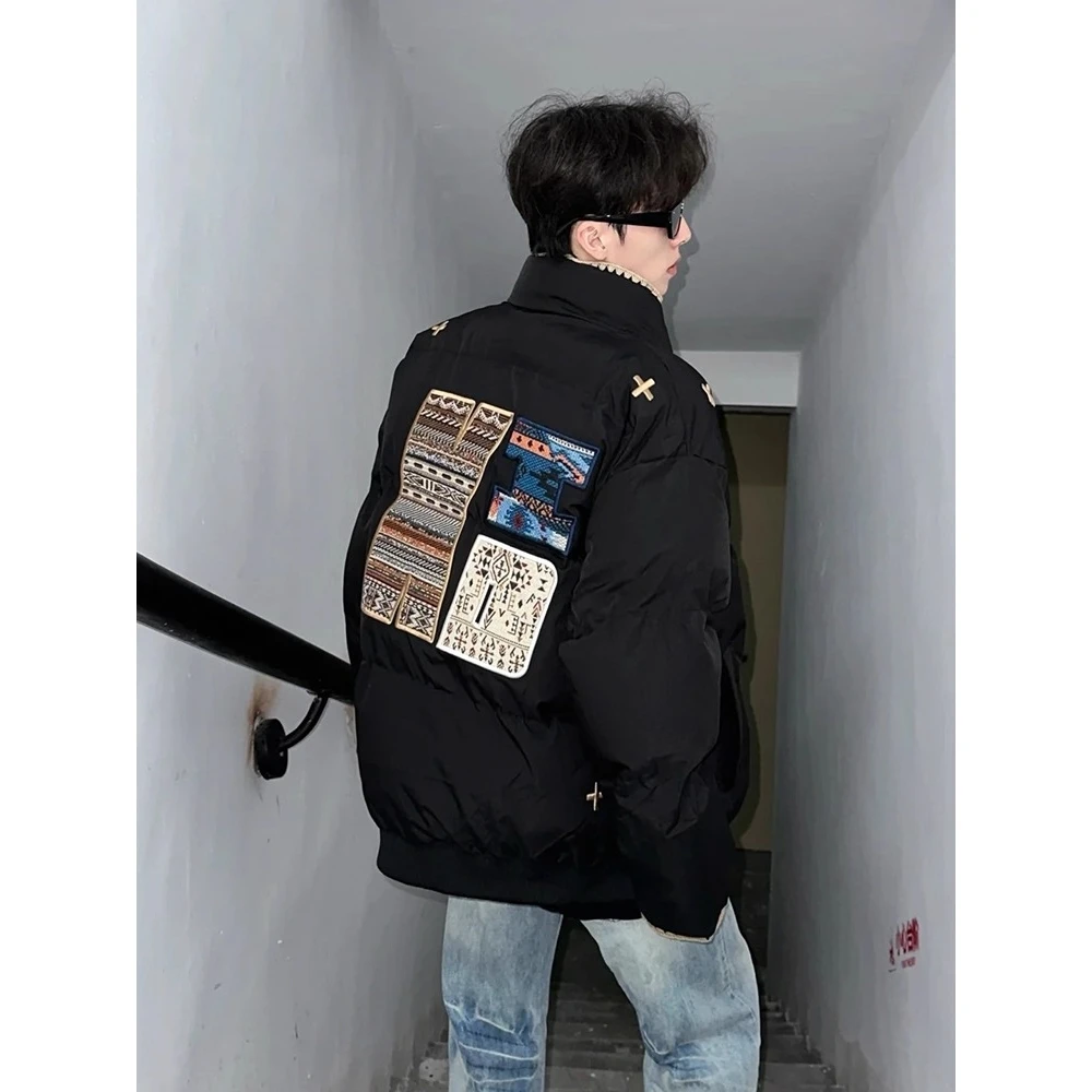 

Осенне-зимняя мужская куртка большого размера из хлопка с вышивкой, новинка 2025 года, в стиле колор-блок, повседневная, свободного кроя, для пар, верхняя одежда