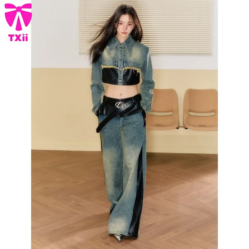 2025 Spring and Autumn Women's Two Piece Cowboy Patch Coat Wide Leg Pants Two Piece Set Women's Single breasted Button