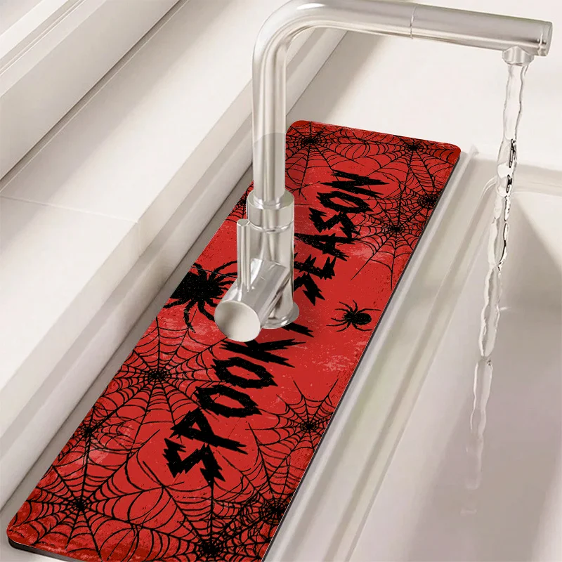 VIKAMA Halloween Dark Red Spider Web Printed Faucet Pad, Festive Atmosphere Pad Kitchen Absorbent Anti Slip Pad, Home Decoration
