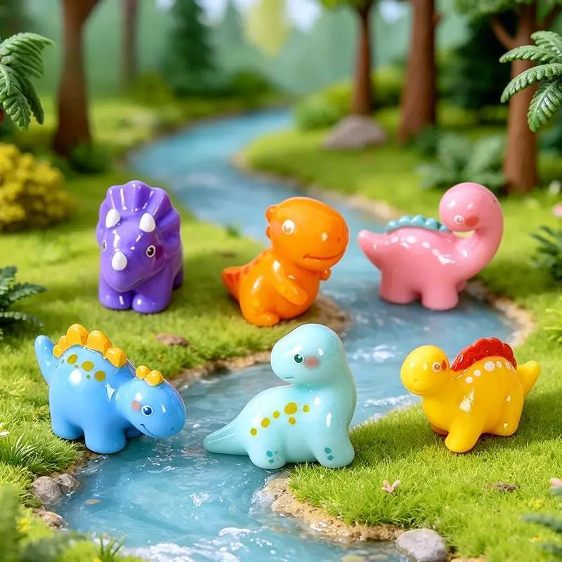 6Pcs Cute Mini Dinosaur Resin Figurine Set Cartoon Dinosaur Ornament DIY Accessory For Micro Landscape Phone Case Fridge Decor