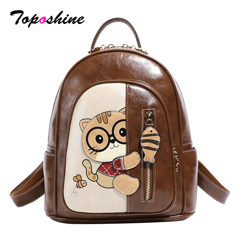 

Toposhine Vintage PU Leather Mini Backpack Cute Cartoon Cat Design with Fish Pendant Casual Daypack for Women Teen Girls Travel