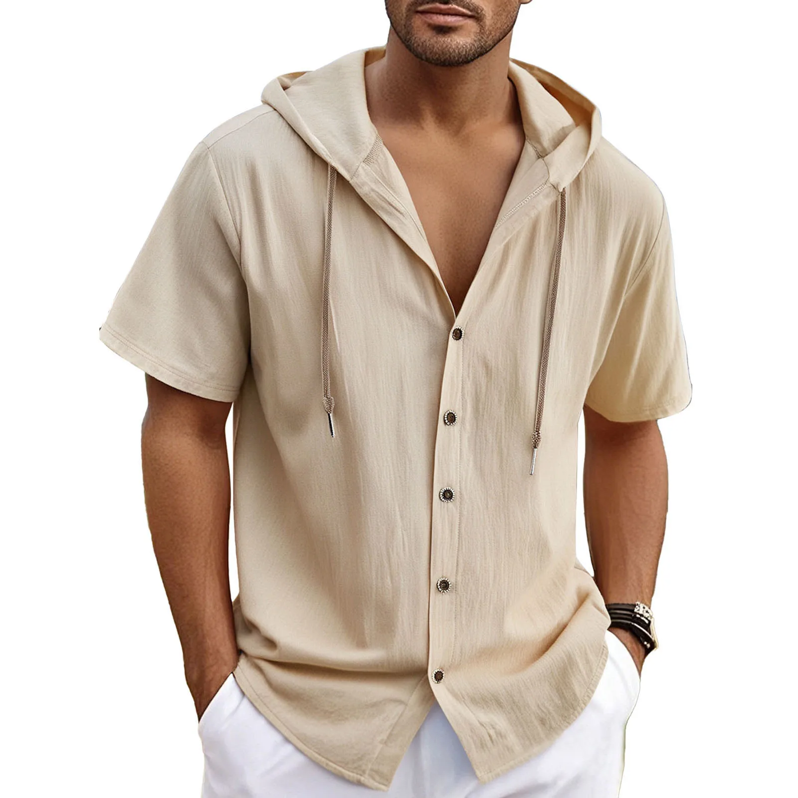 

2026 Summer Men's Linen Shirt Short Sleeve Oversized Solid Hooded Shirt Men Casual Shirt DF152