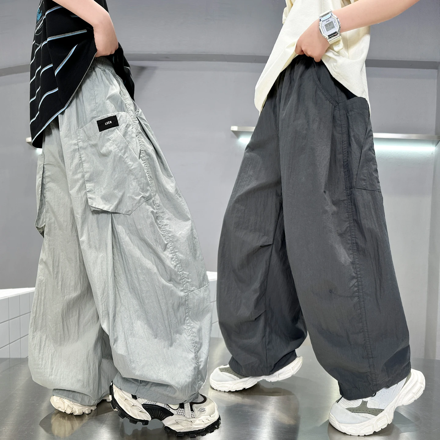 Summer Boys Grey Ice-Like Fabric High Street Style Thin Sports Pants Casual Children's Clothing New Kids Sweatpants Ages 4-14Y