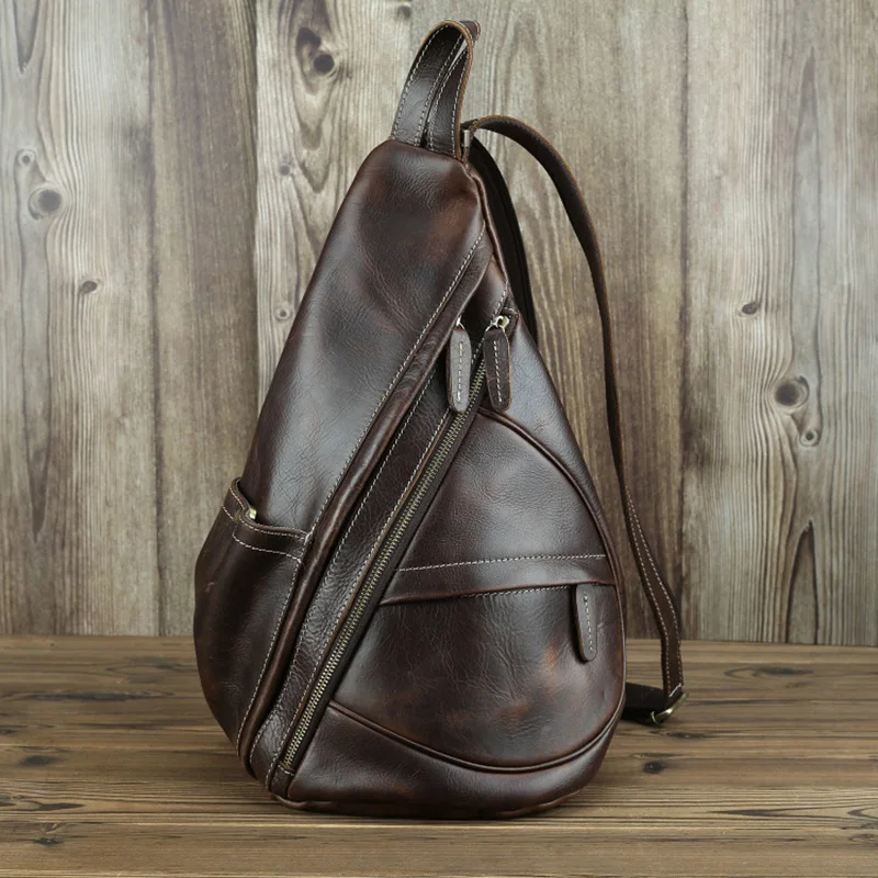 

Multi-purpose Backpacks Men Csual Genuine Leather Cowhide Sling Backpack Side Pockets Zipper Vintage Single Shoulder Chest Bags
