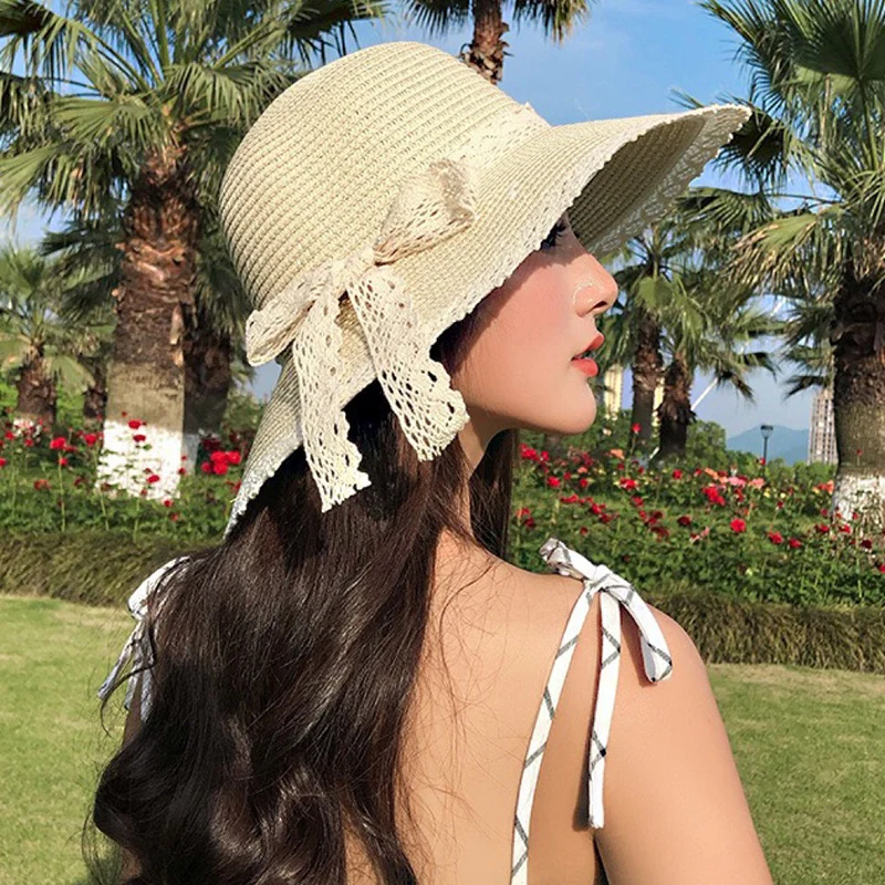 Summer Lace Bow Straw Hat For Women Wide Brim Handmade Woven Panama Hats Female Lady Travel Beach Breathable Anti-UV Sun Hats