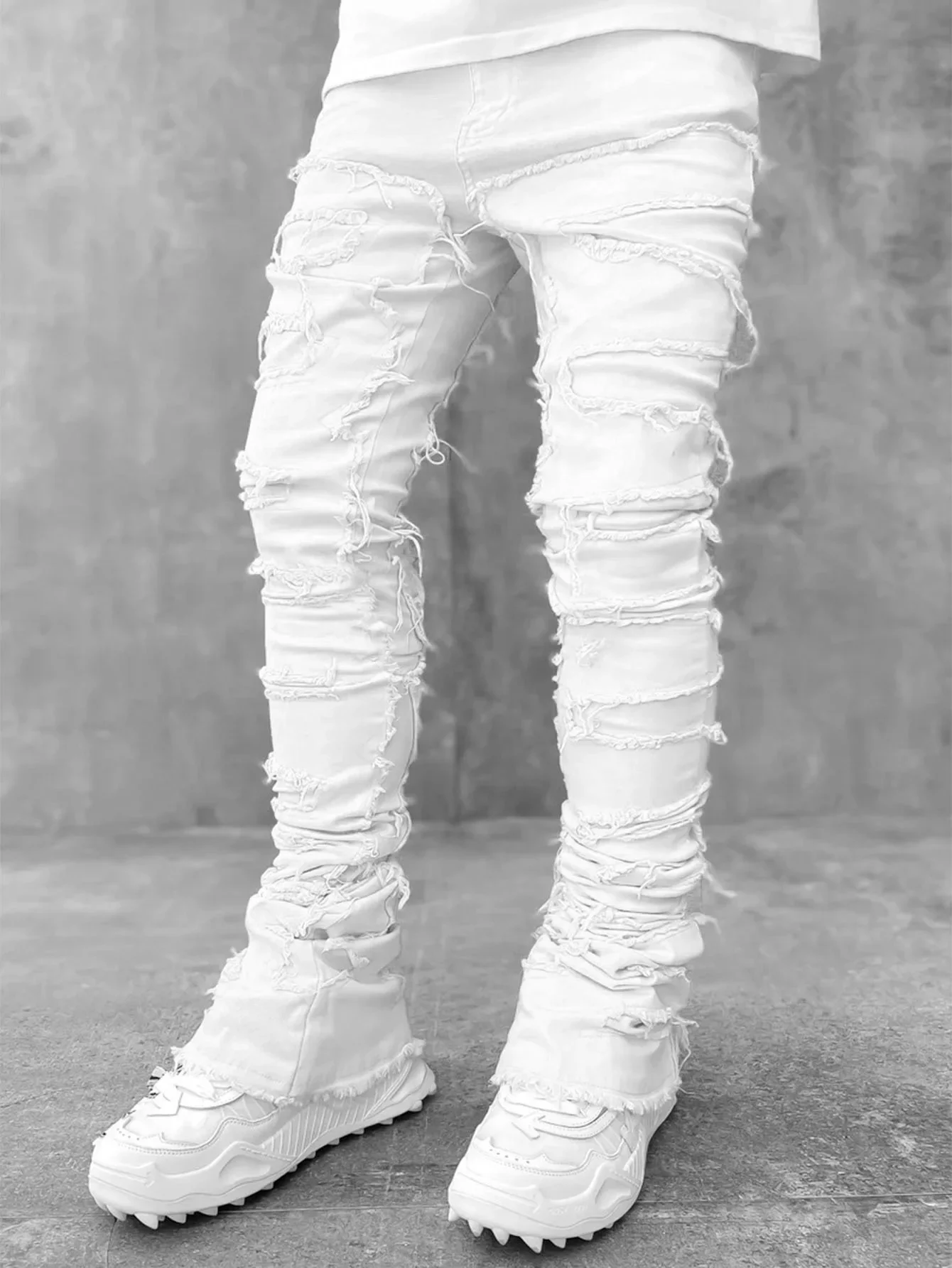 

High Street White Men's Stacked Jeans Stretched Patchwork Tassel Damaged Denim Full Length Pants Hip-pop Trousers for Male