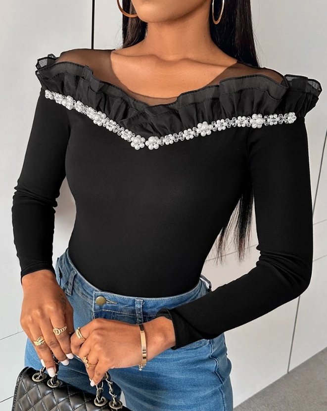 

New Fashion Women 2024 Spring Autumn Winter Blouses Round Neck Long Sleeve Floral Pattern Beaded Ruffle Hem Design Daily Top