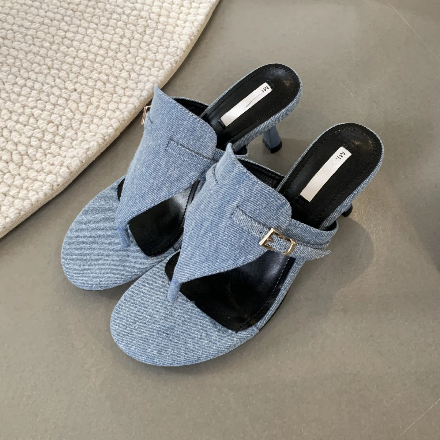 Cowboy Heeled Slippers Women Fashion Designer Sandals Female Round Head Open Toe Summer Stiletto Heel Jeans Flip Flops Women