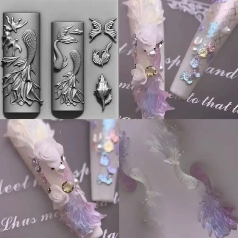 1PC Silicone Nail Mold Mermaid Tail Shell Templates For Nails Jewelry Crafts Retro Music Sweet Cool Punk Transparent Nails Mold