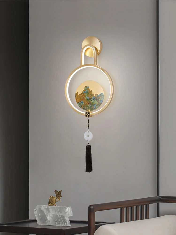 New Chinese wall lamp All copper retro tassel Chinese style entrance background light New dining room Tea room Bedroom bedside l