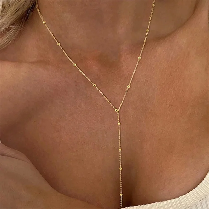 

Vintage Gold Color Long Chain Drop Necklaces for Women Simple Metal Geometric Bead Tassel Choker Girls Party Aesthetics Jewelry