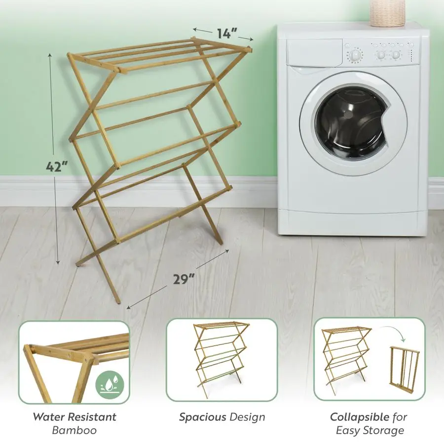 EcoFriendly Bamboo Drying Rack, Collapsible Laundry Clothes Hanger, 10 Hanging Bars, Minimalist Space Saving Design